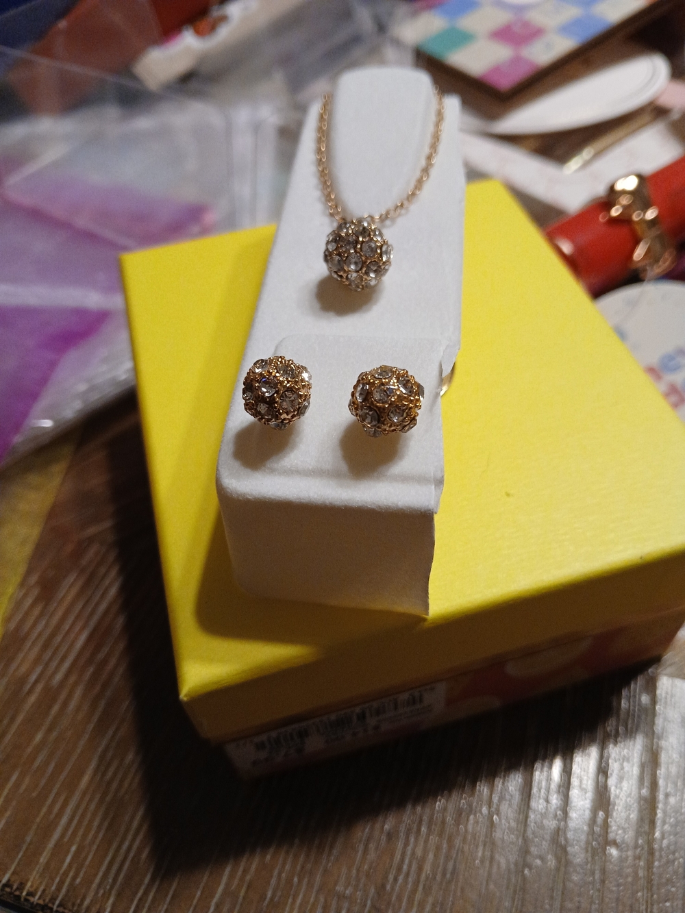 Adrienne Vittadini Gold Crystal Ball Pendant Necklace with Matching Studs